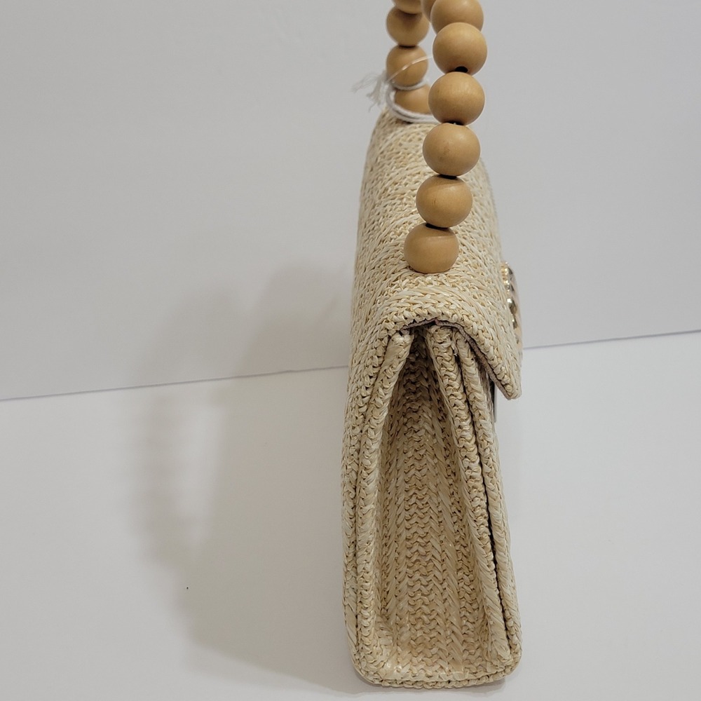 Haute Hippie Woven Straw Gold Sea Shell Clutch Bag Wood Bead Handle Crossbody - Picture 8 of 11
